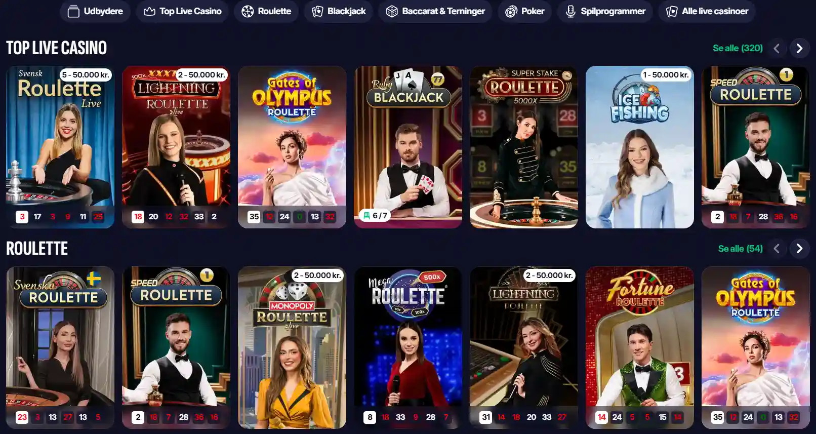 Swipers officielle danske live casino-sektion med live dealer-spil
